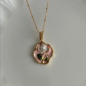 Pink Enamel Flower Gold Necklace, Freshwater Pearl Necklace, Handmade Pendant